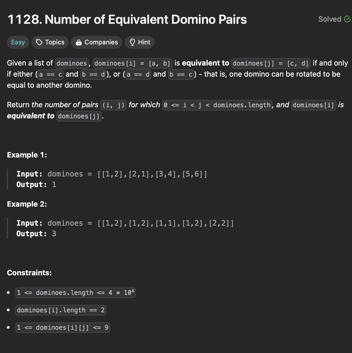 LC: 1128: Number of Equivalent Domino Pairs